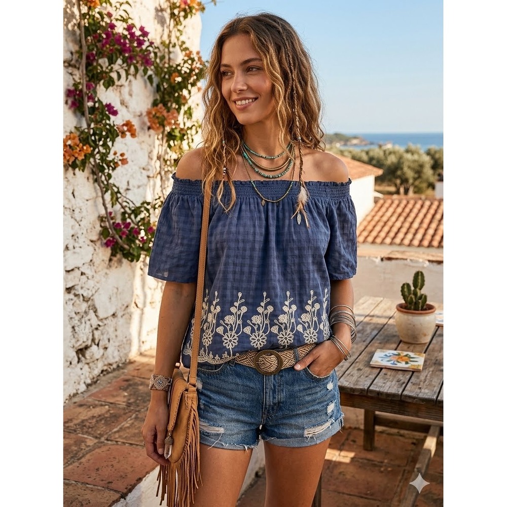Living Doll Los Angeles Blue Embroidered Smocked Off Shoulder Peasant Top S